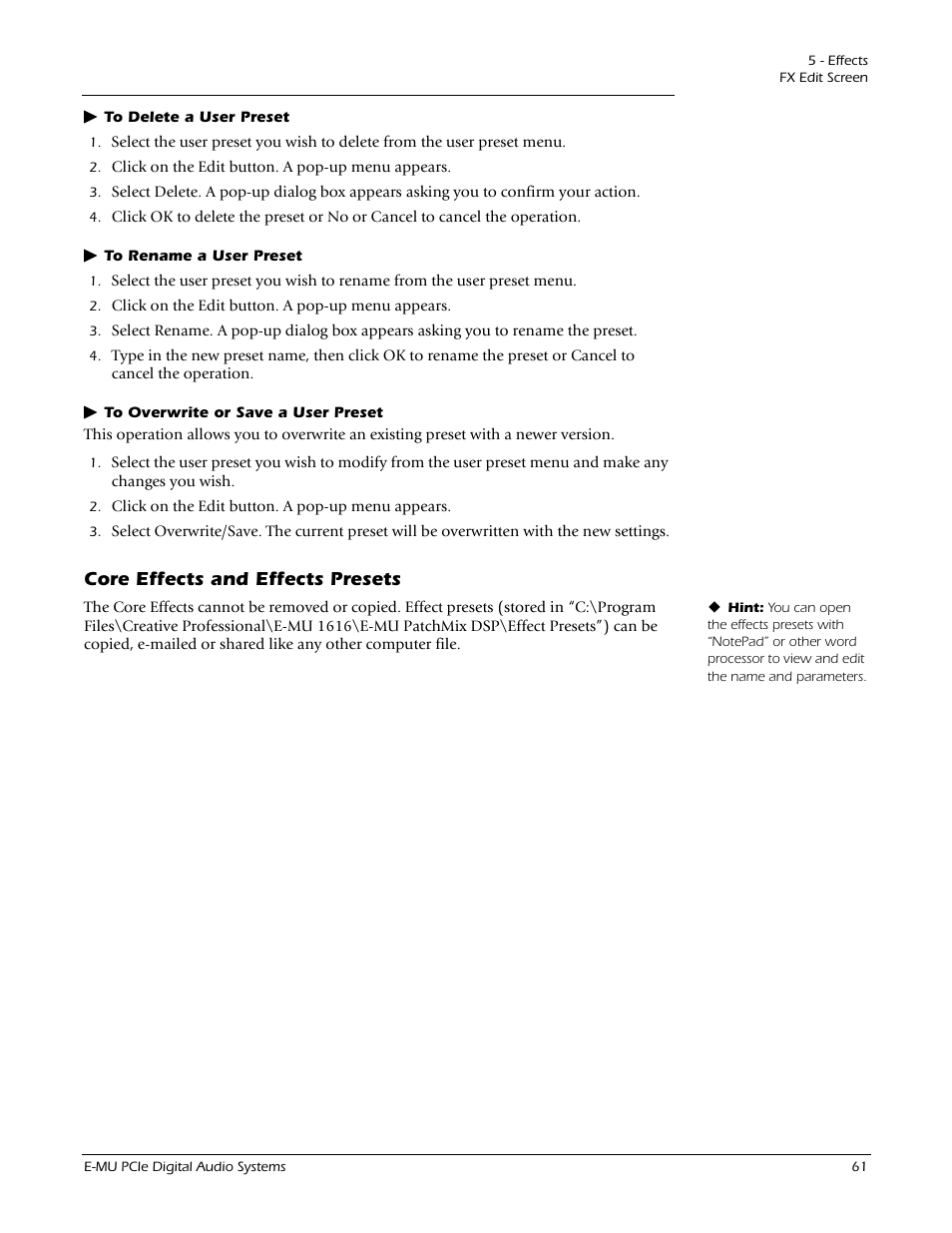 Core effects and effects presets | E-MU 1212M PCIe User Manual | Page 61 / 132