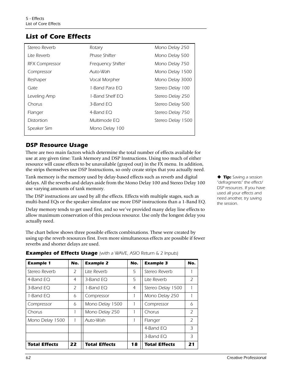 List of core effects, Dsp resource usage | E-MU 1212M PCIe User Manual | Page 62 / 132