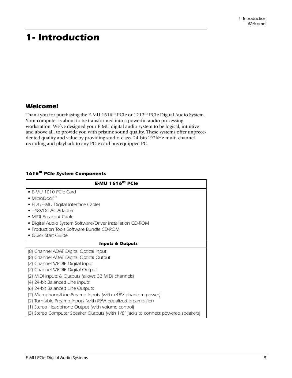Introduction, Welcome | E-MU 1212M PCIe User Manual | Page 9 / 132
