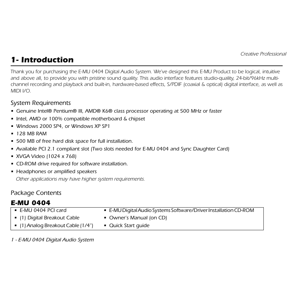 Introduction, E-mu 0404 | E-MU 0404 PCI Quick Start User Manual | Page 2 / 12