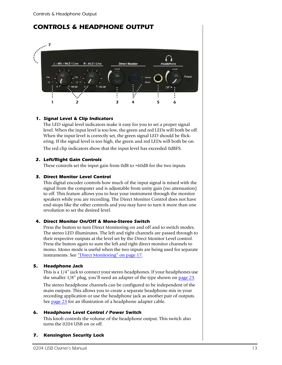 Controls & headphone output | E-MU 0204 USB 2.0 User Manual | Page 13 / 28