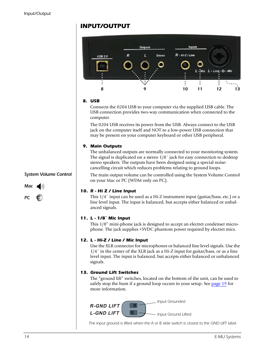 Input/output | E-MU 0204 USB 2.0 User Manual | Page 14 / 28