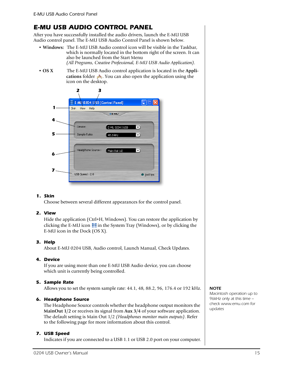 E-mu usb audio control panel | E-MU 0204 USB 2.0 User Manual | Page 15 / 28