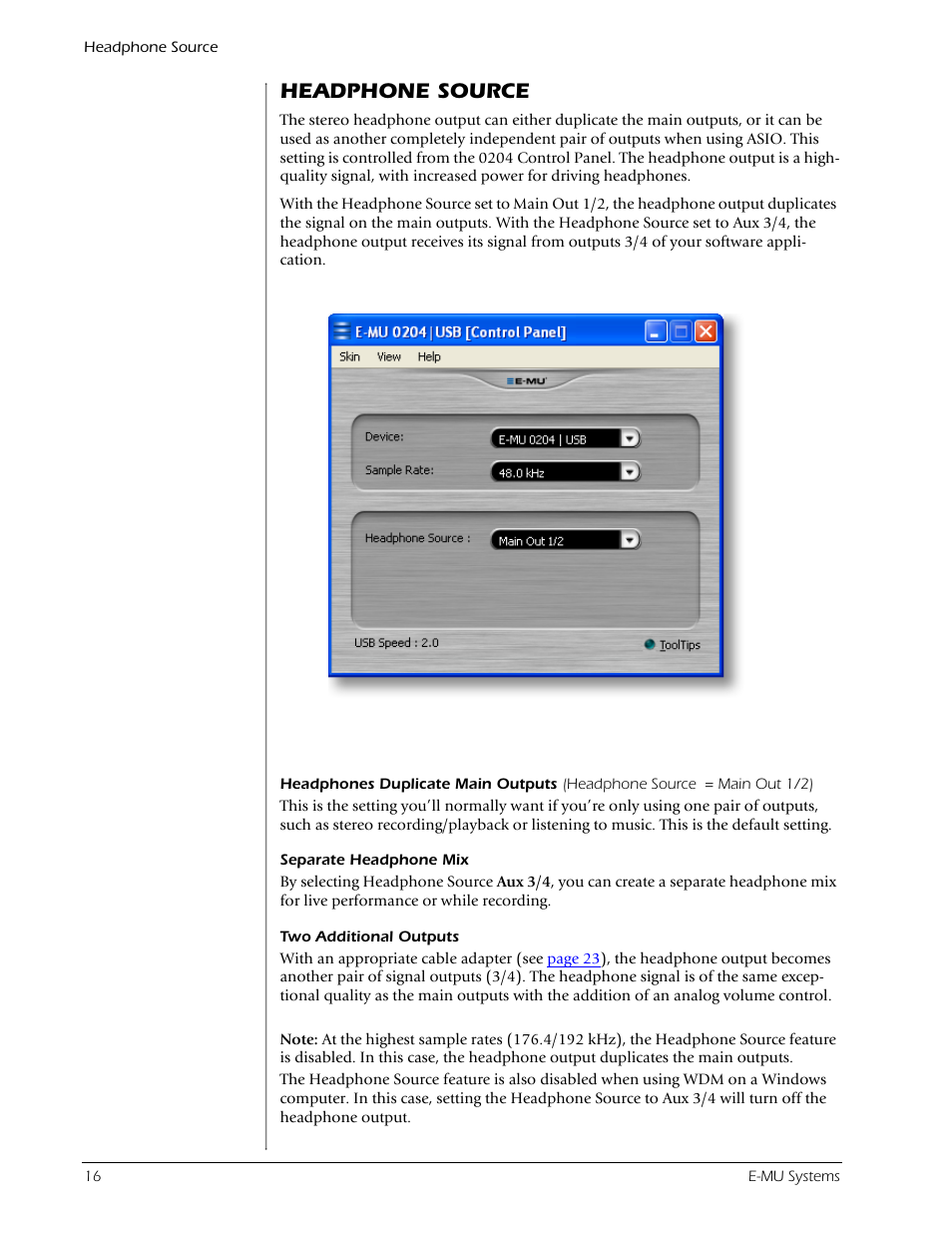 Headphone source | E-MU 0204 USB 2.0 User Manual | Page 16 / 28