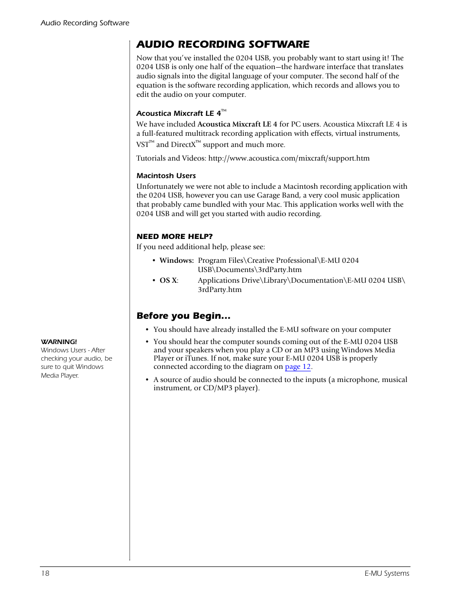 Audio recording software, Before you begin | E-MU 0204 USB 2.0 User Manual | Page 18 / 28