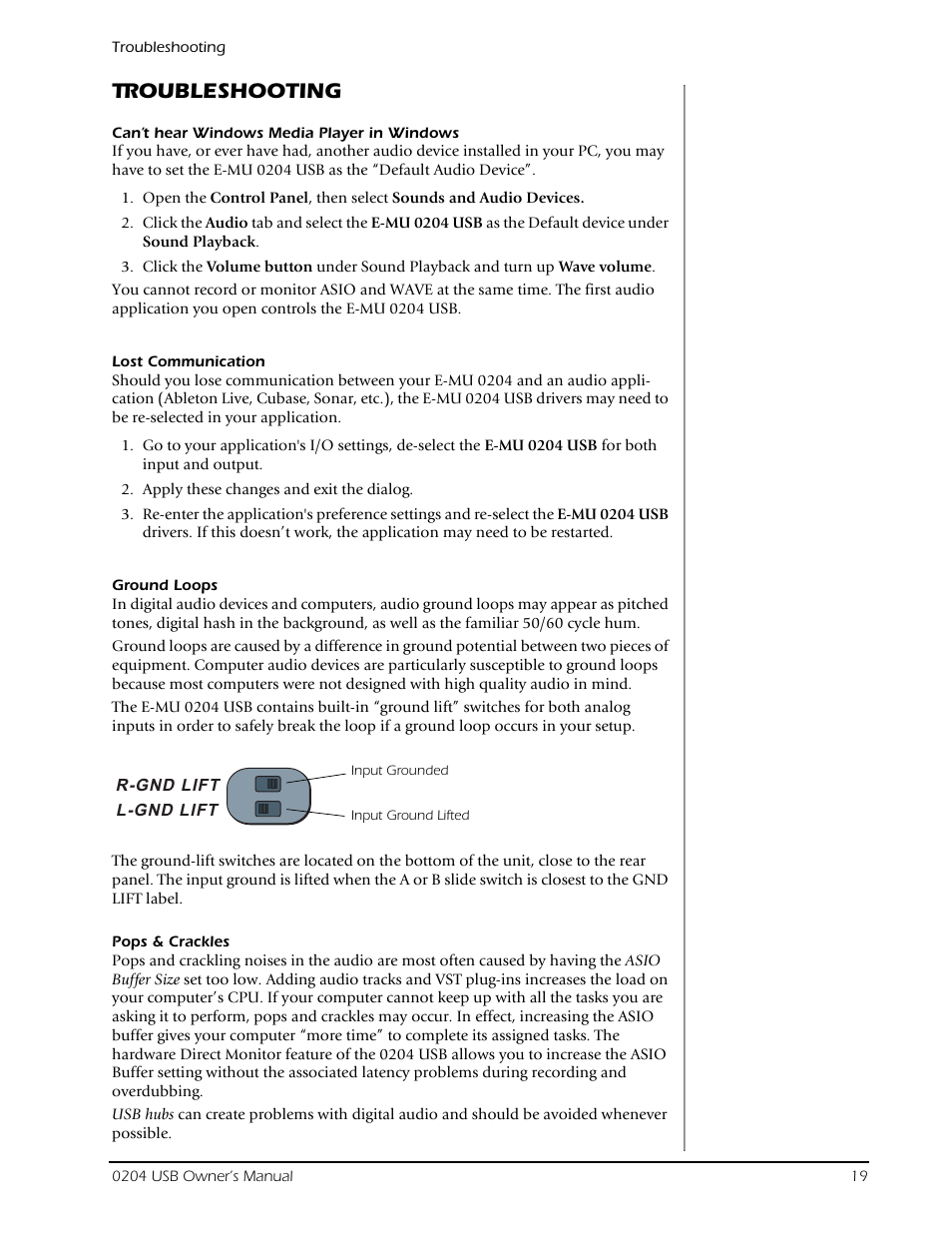 Troubleshooting | E-MU 0204 USB 2.0 User Manual | Page 19 / 28