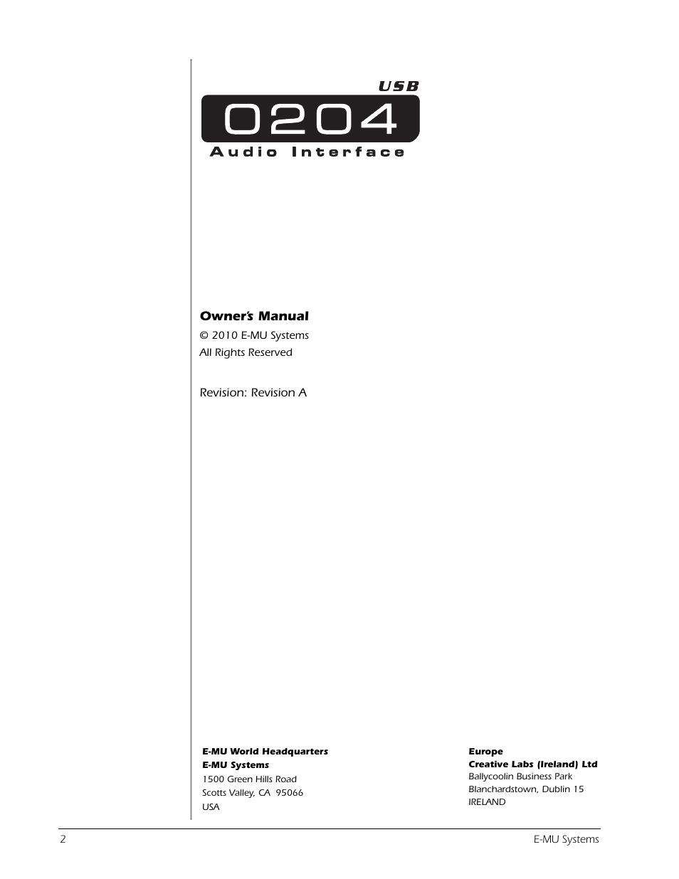 Owner’s manual | E-MU 0204 USB 2.0 User Manual | Page 2 / 28