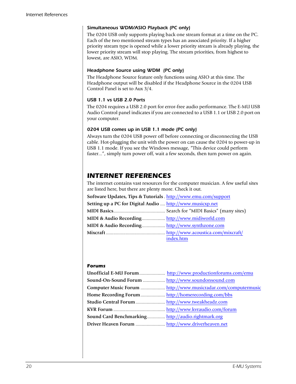 Internet references, Forums | E-MU 0204 USB 2.0 User Manual | Page 20 / 28