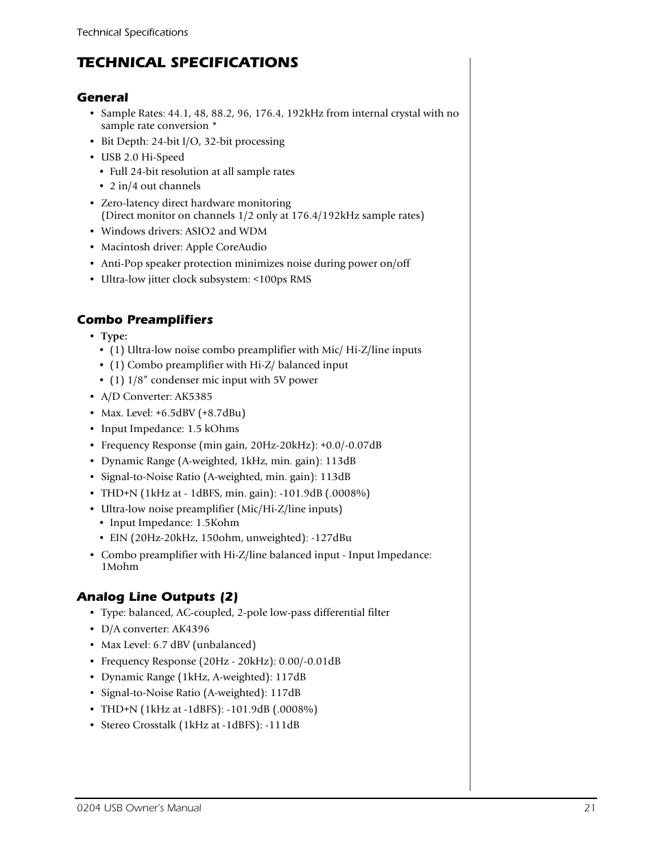 Technical specifications | E-MU 0204 USB 2.0 User Manual | Page 21 / 28