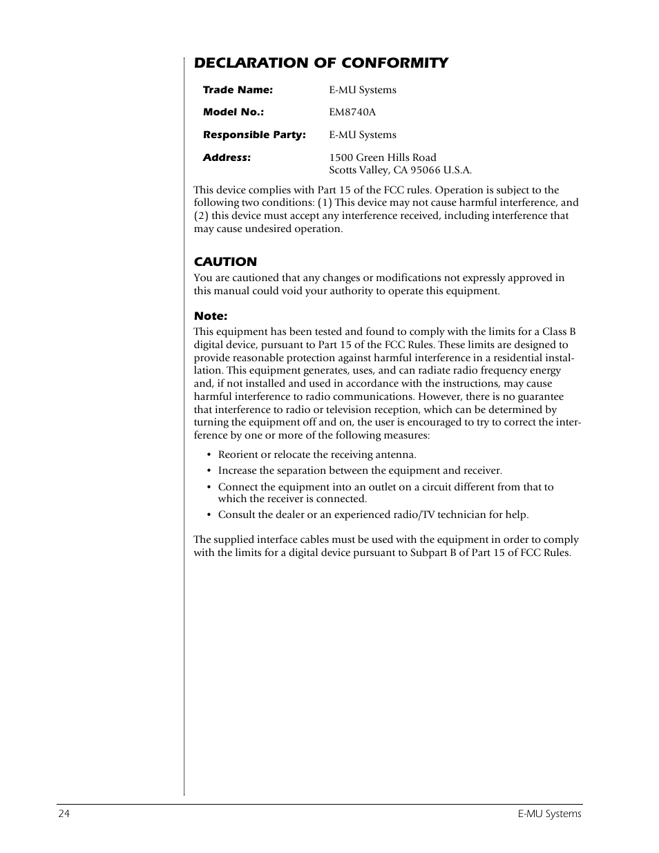 Declaration of conformity | E-MU 0204 USB 2.0 User Manual | Page 24 / 28