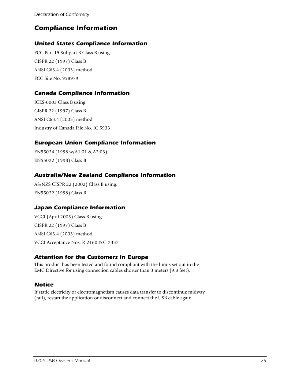 Compliance information | E-MU 0204 USB 2.0 User Manual | Page 25 / 28