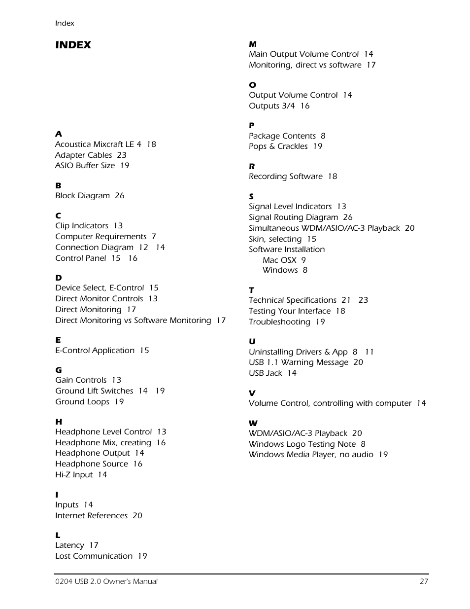 Index | E-MU 0204 USB 2.0 User Manual | Page 27 / 28