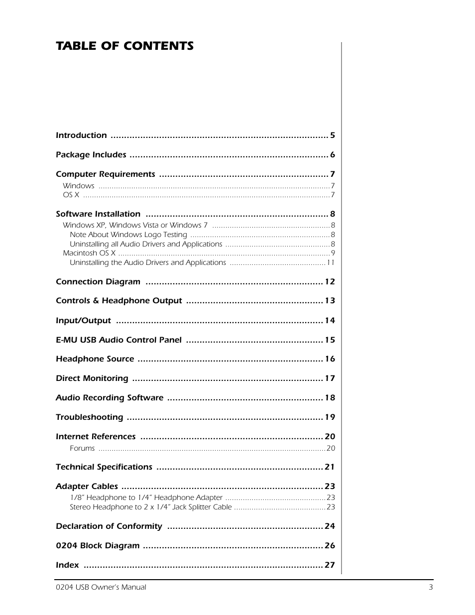 T able of contents | E-MU 0204 USB 2.0 User Manual | Page 3 / 28