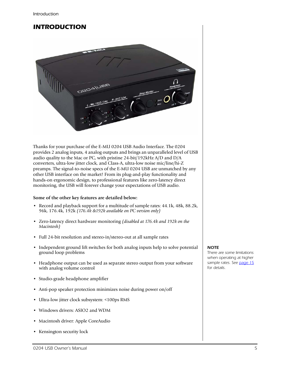 Introduction | E-MU 0204 USB 2.0 User Manual | Page 5 / 28