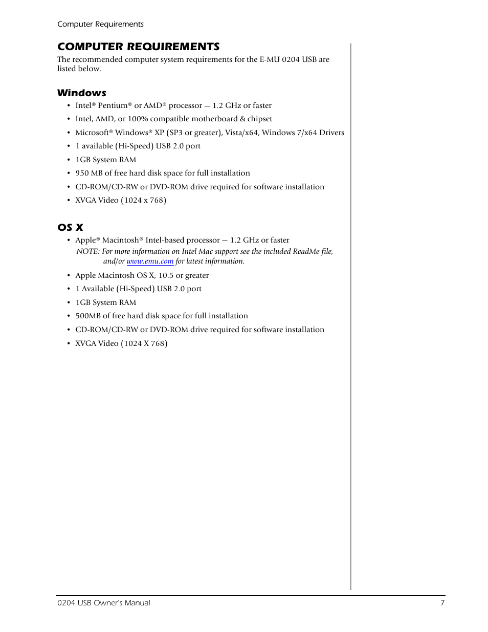 Computer requirements, Windows, Os x | Windows os x | E-MU 0204 USB 2.0 User Manual | Page 7 / 28