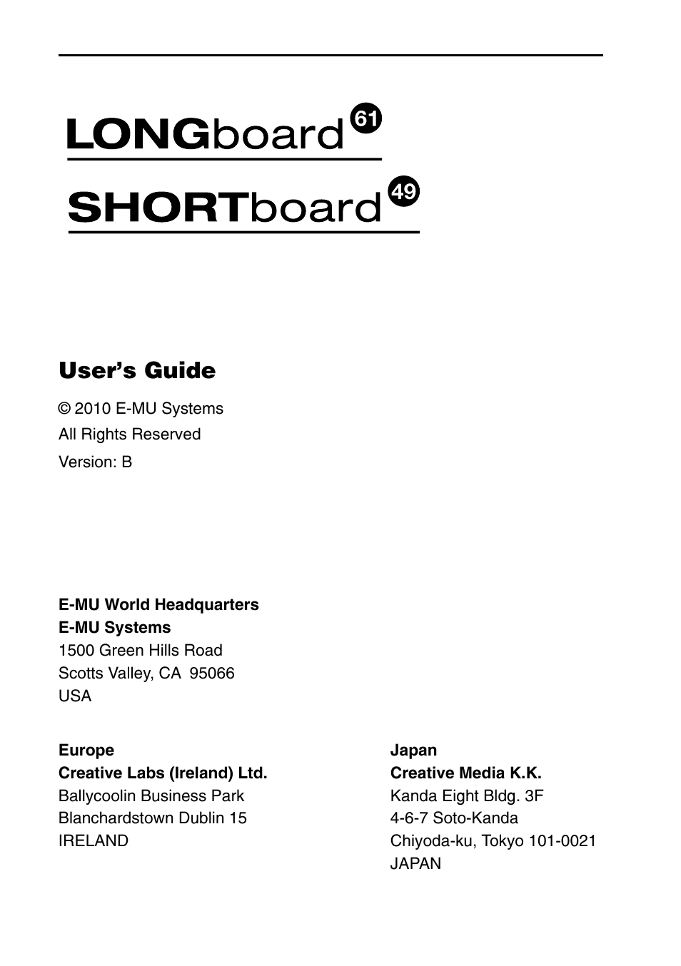 User’s guide | E-MU SHORTBoard 49 User Manual | Page 2 / 42