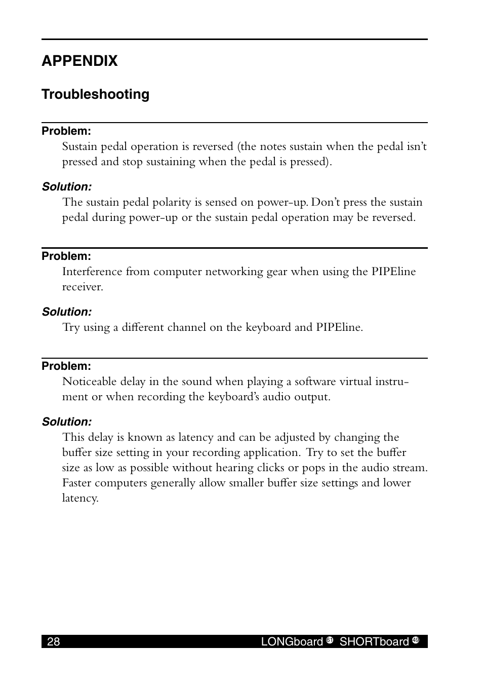 Appendix, Troubleshooting | E-MU SHORTBoard 49 User Manual | Page 30 / 42