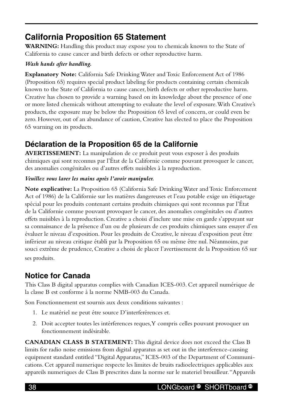 California proposition 65 statement, Déclaration de la proposition 65 de la californie, Notice for canada | E-MU SHORTBoard 49 User Manual | Page 40 / 42