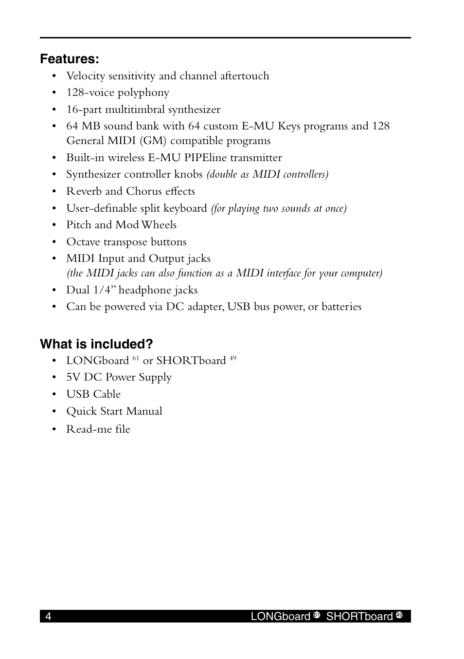 Features, What is included, Features: what is included | E-MU SHORTBoard 49 User Manual | Page 6 / 42