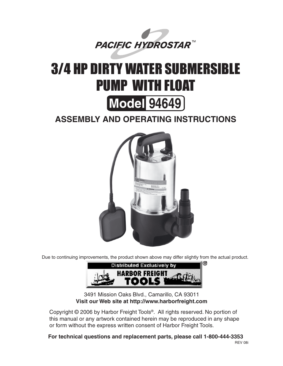 Chicago Electric 3/4 HP DIRTY WATER SUBMERSIBLE PUMP WITH FLOAT 94649 User Manual | 9 pages