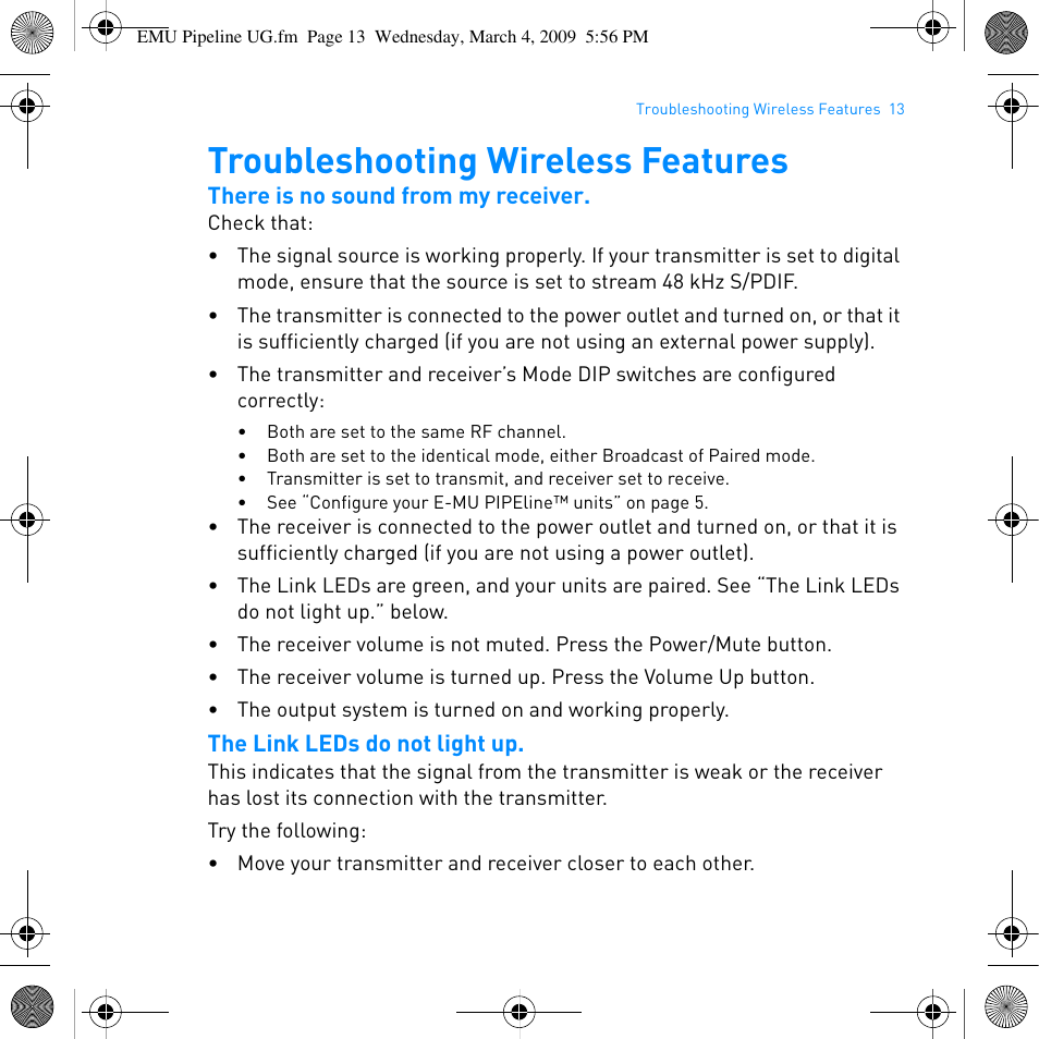 Troubleshooting wireless features | E-MU PIPEline User Manual | Page 16 / 73