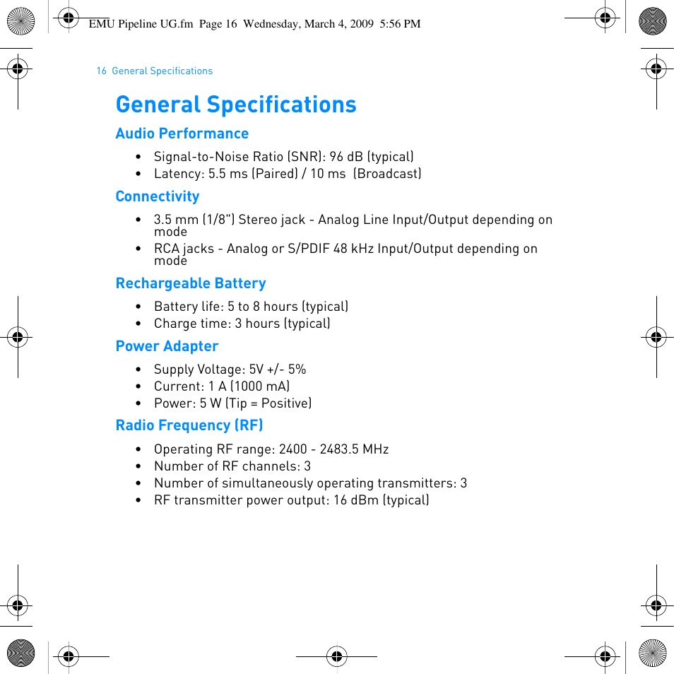 General specifications | E-MU PIPEline User Manual | Page 19 / 73