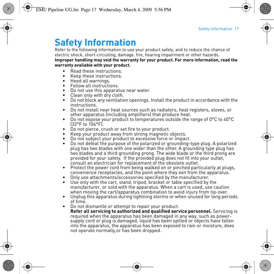 Safety information | E-MU PIPEline User Manual | Page 20 / 73