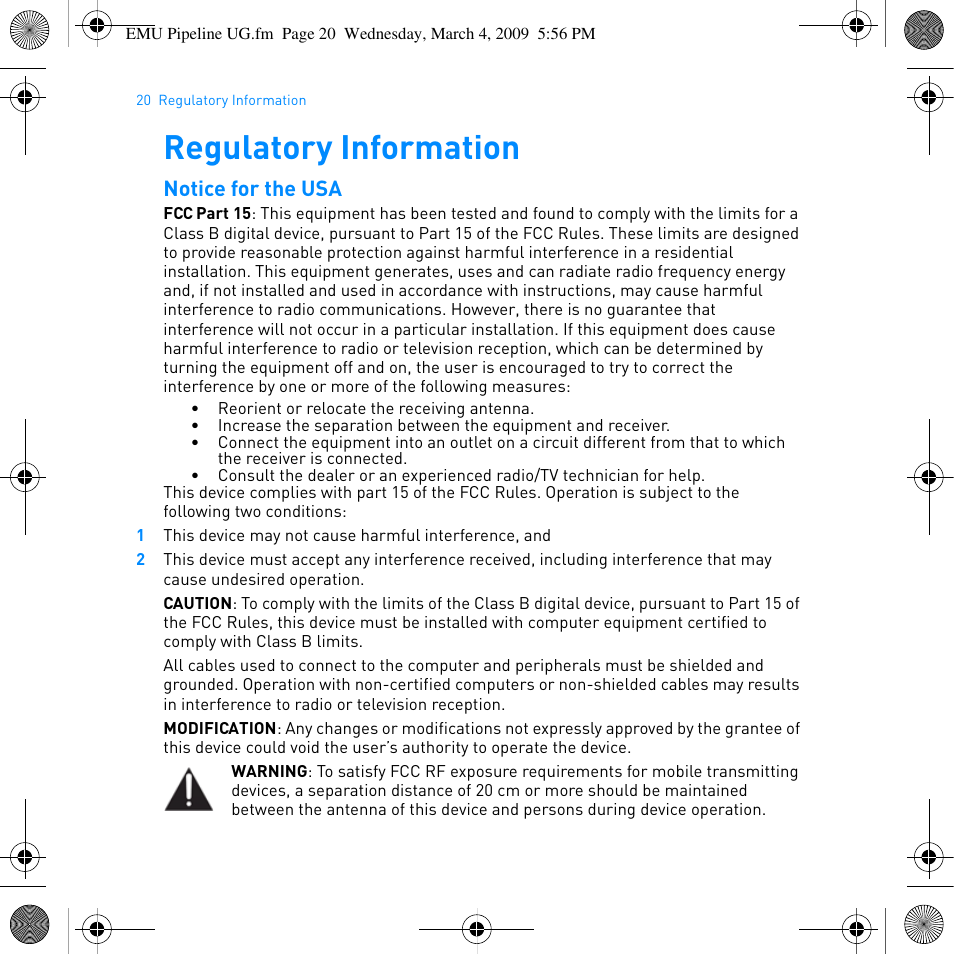 Regulatory information, Notice for the usa | E-MU PIPEline User Manual | Page 23 / 73
