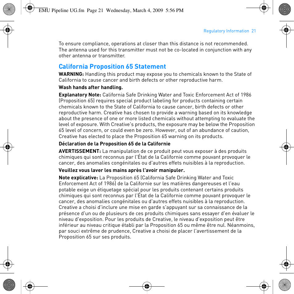 California proposition 65 statement | E-MU PIPEline User Manual | Page 24 / 73