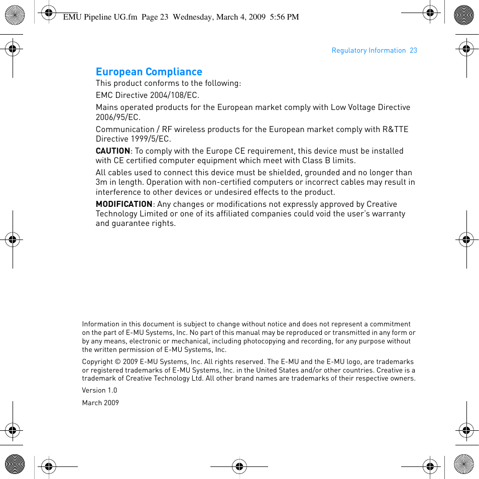 European compliance | E-MU PIPEline User Manual | Page 26 / 73