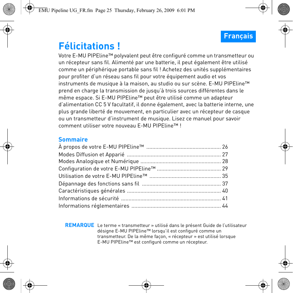 Félicitations, Français | E-MU PIPEline User Manual | Page 28 / 73