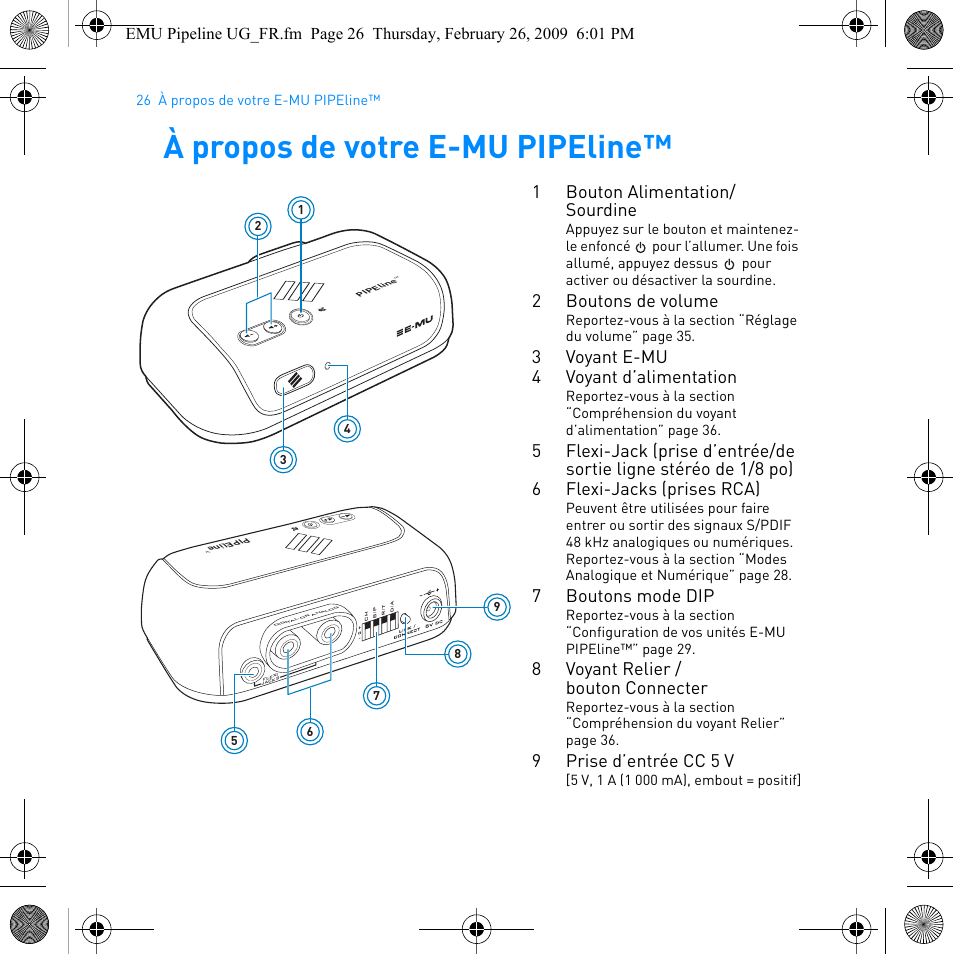 À propos de votre e-mu pipeline, 1bouton alimentation/ sourdine, 2boutons de volume | 3voyant e-mu 4 voyant d’alimentation, 7boutons mode dip, 8voyant relier / bouton connecter, 9prise d’entrée cc 5 v | E-MU PIPEline User Manual | Page 29 / 73