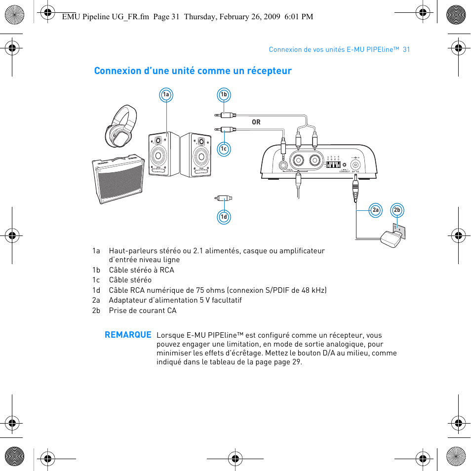 Connexion d’une unité comme un récepteur, Remarque | E-MU PIPEline User Manual | Page 34 / 73