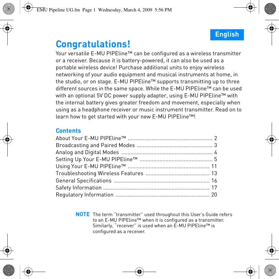 E-MU PIPEline User Manual | Page 4 / 73