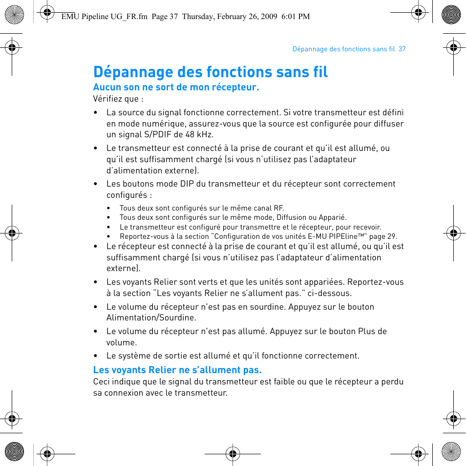 Dépannage des fonctions sans fil | E-MU PIPEline User Manual | Page 40 / 73