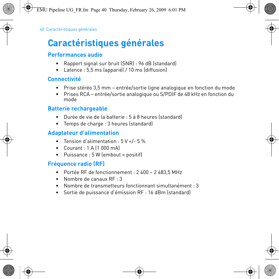 Caractéristiques générales | E-MU PIPEline User Manual | Page 43 / 73