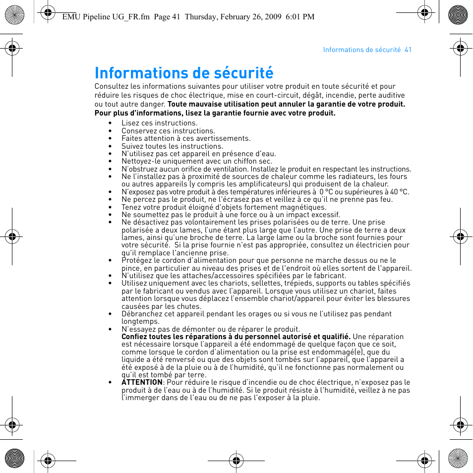 Informations de sécurité | E-MU PIPEline User Manual | Page 44 / 73