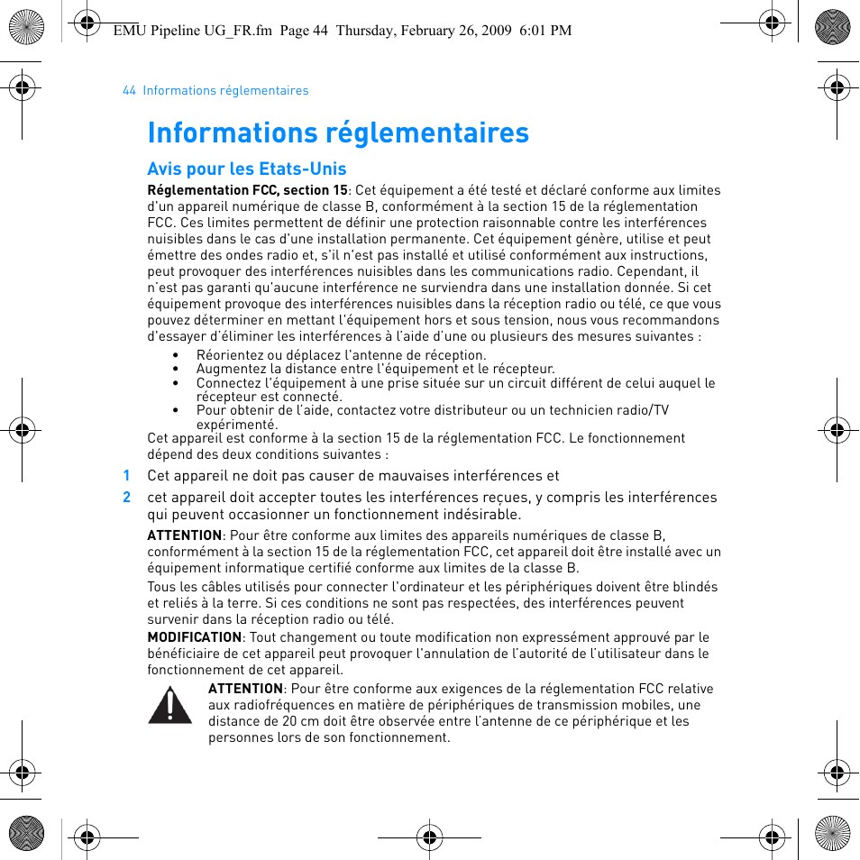 Informations réglementaires, Avis pour les etats-unis | E-MU PIPEline User Manual | Page 47 / 73