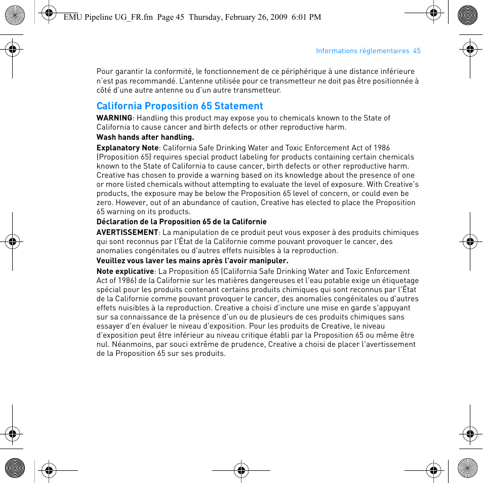 California proposition 65 statement | E-MU PIPEline User Manual | Page 48 / 73