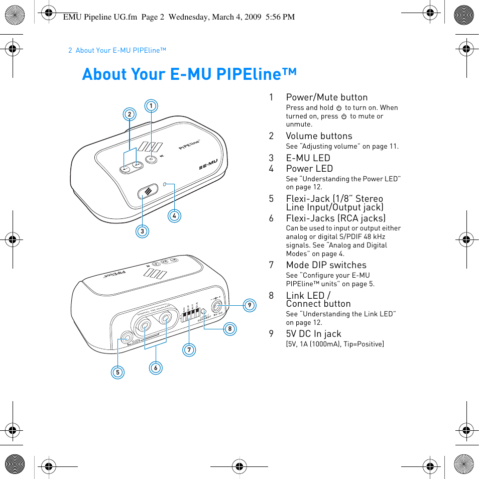 About your e-mu pipeline, 1power/mute button, 2volume buttons | 3e-mu led 4 power led, 7mode dip switches, 8link led / connect button, 95v dc in jack | E-MU PIPEline User Manual | Page 5 / 73