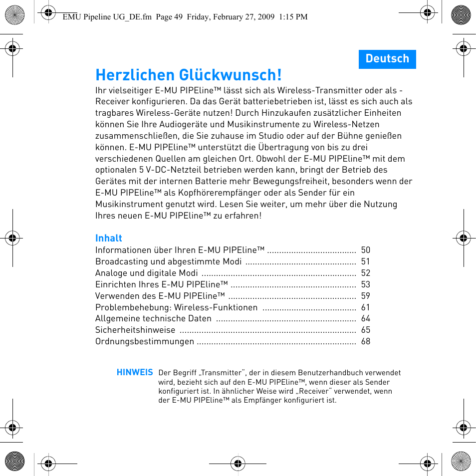 Herzlichen glückwunsch, Deutsch | E-MU PIPEline User Manual | Page 52 / 73