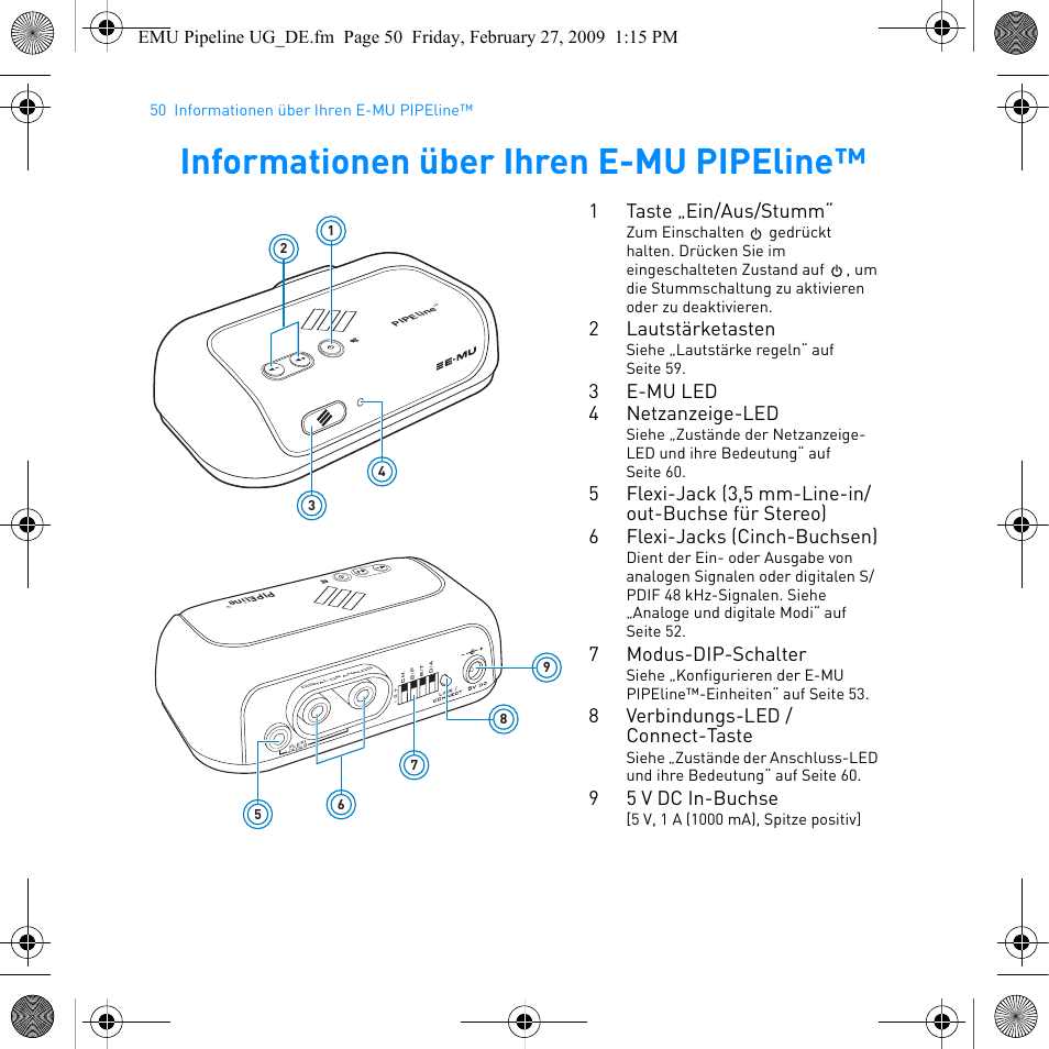 Informationen über ihren e-mu pipeline, 1taste „ein/aus/stumm, 2lautstärketasten | 3e-mu led 4 netzanzeige-led, 7modus-dip-schalter, 8verbindungs-led / connect-taste, 95 v dc in-buchse | E-MU PIPEline User Manual | Page 53 / 73