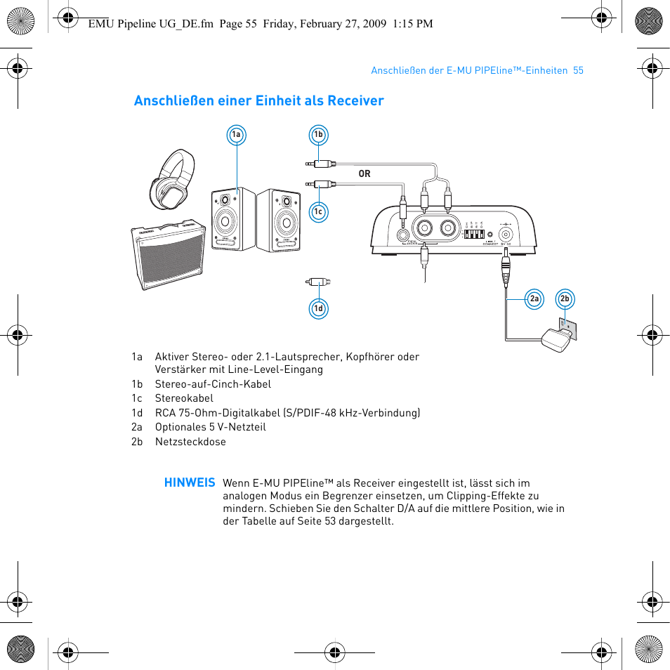 Anschließen einer einheit als receiver, Hinweis | E-MU PIPEline User Manual | Page 58 / 73