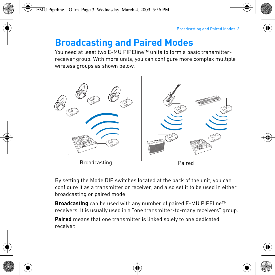 Broadcasting and paired modes, Broadcasting paired | E-MU PIPEline User Manual | Page 6 / 73