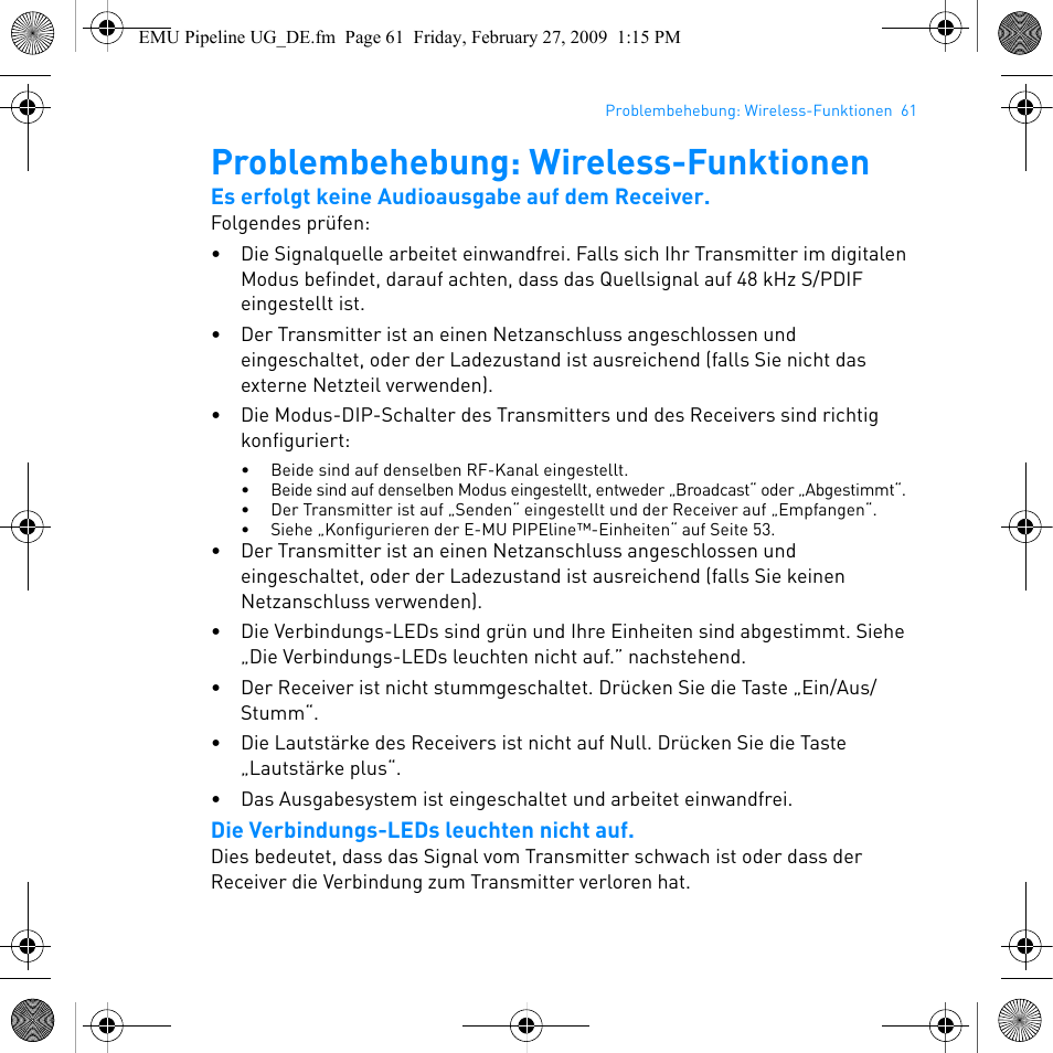 Problembehebung: wireless-funktionen | E-MU PIPEline User Manual | Page 64 / 73