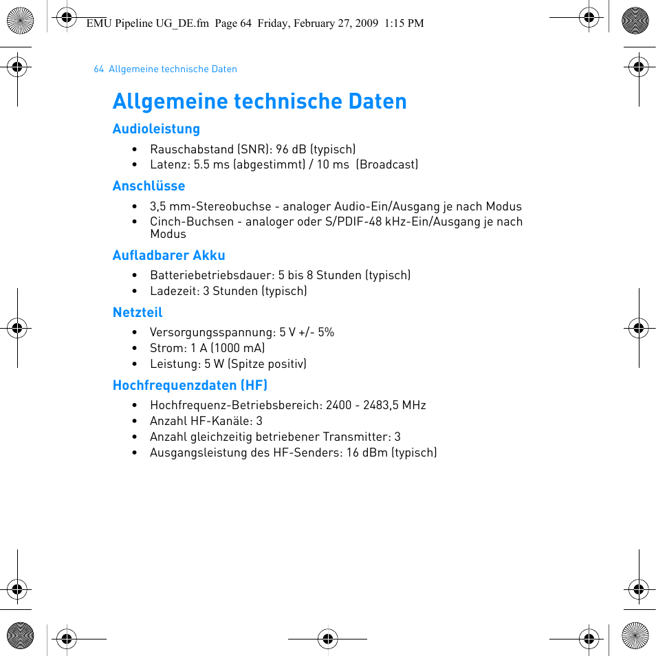 Allgemeine technische daten | E-MU PIPEline User Manual | Page 67 / 73