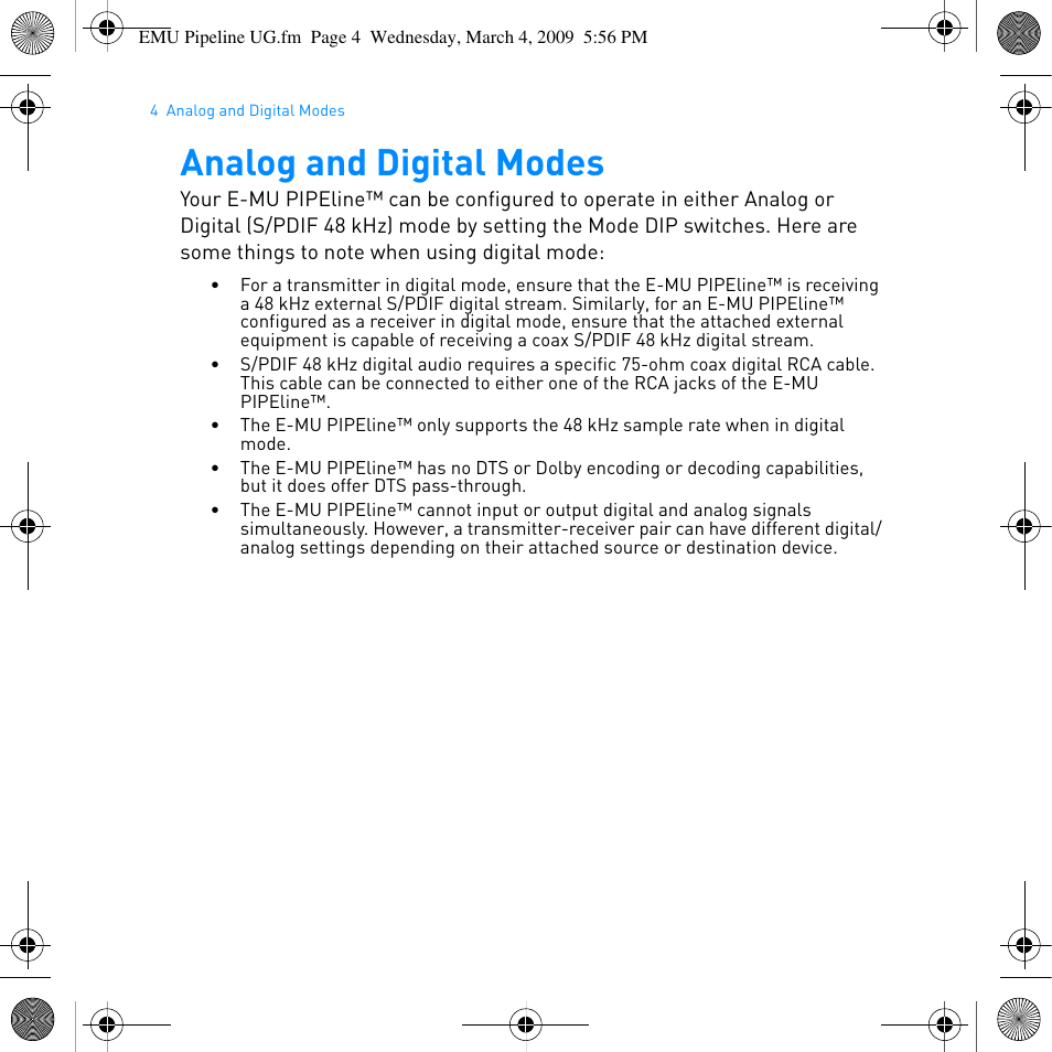 Analog and digital modes | E-MU PIPEline User Manual | Page 7 / 73