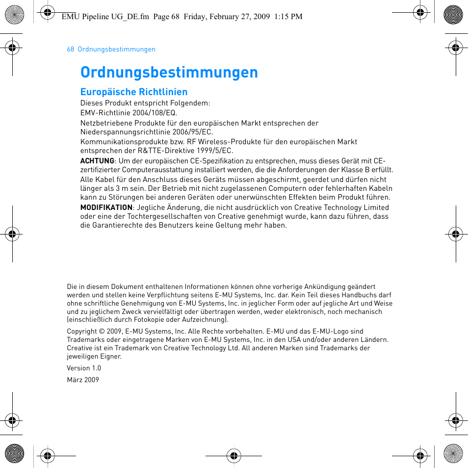 Ordnungsbestimmungen, Europäische richtlinien | E-MU PIPEline User Manual | Page 71 / 73