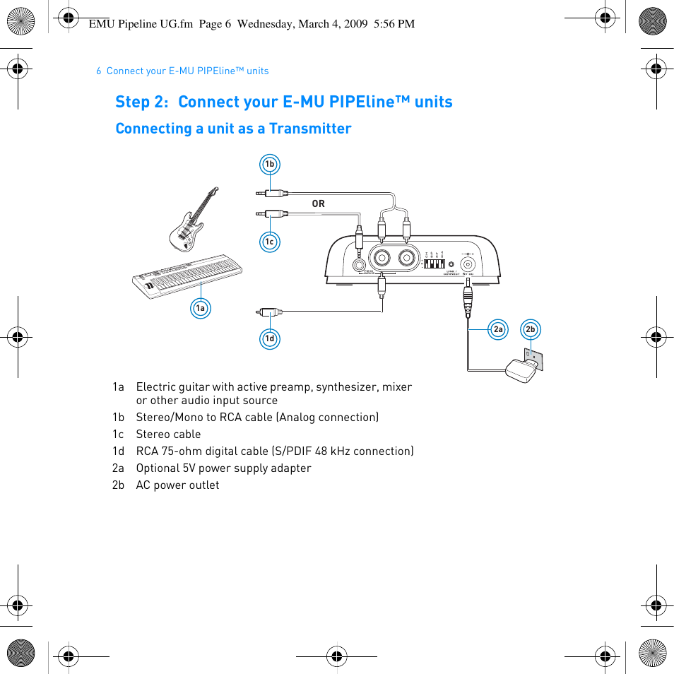 Step 2: connect your e-mu pipeline™ units, Connecting a unit as a transmitter | E-MU PIPEline User Manual | Page 9 / 73