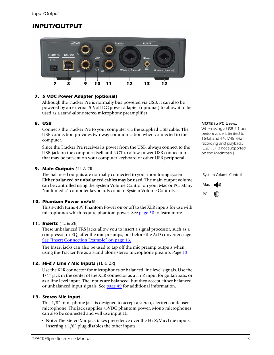 Input/output | E-MU Tracker Pre USB 2.0 User Manual | Page 15 / 56